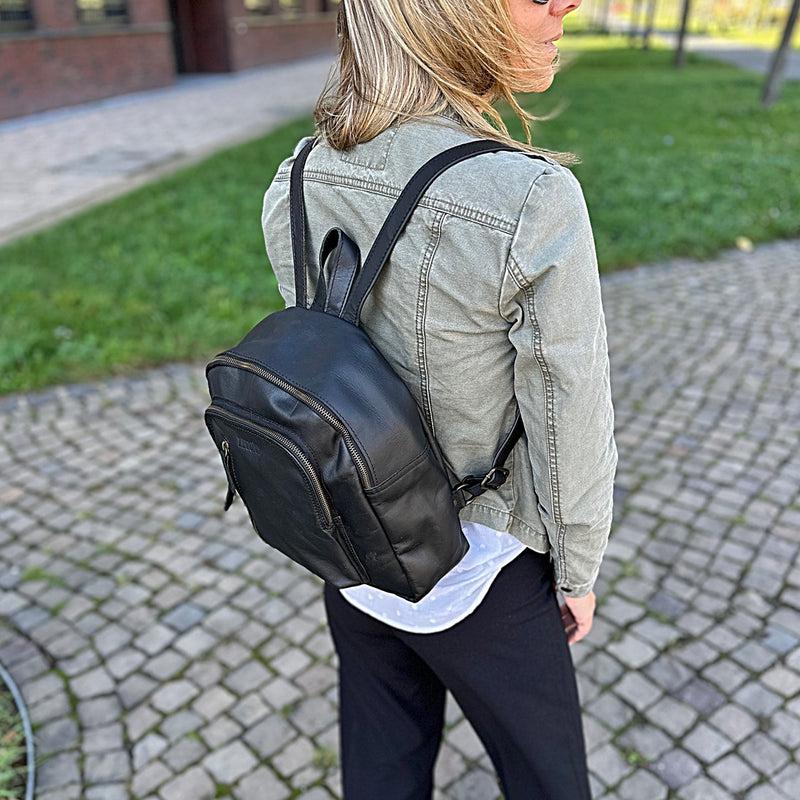 Leconi kleiner Rucksack Freizeitrucksack Lederrucksack Leder schwarz LE1011 Kostenloser Versand international