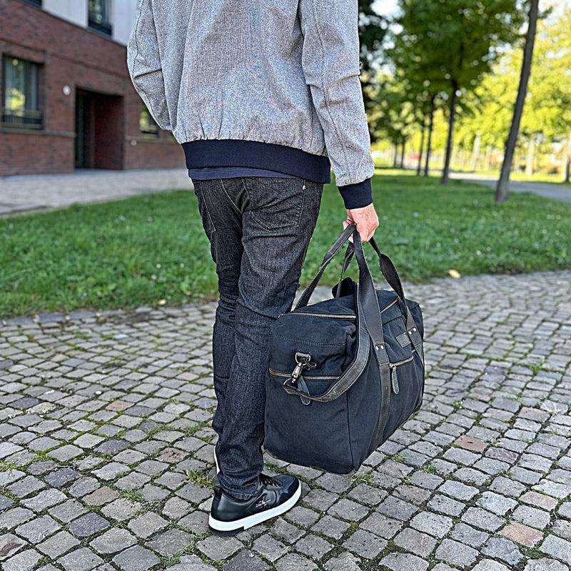Leconi Weekender Sporttasche Reisetasche Damen Herren Leder Canvas schwarz LE2014 Fabrikladen