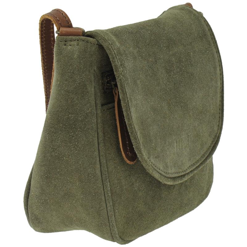 Leconi kleine Umhängetasche Ledertasche Damentasche Schultertasche Veloursleder grün LE3047 Auslauf
