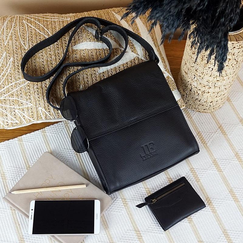 Leconi mittlere Schultertasche Umhängetasche Damentasche Leder schwarz LE3089 im Angebot