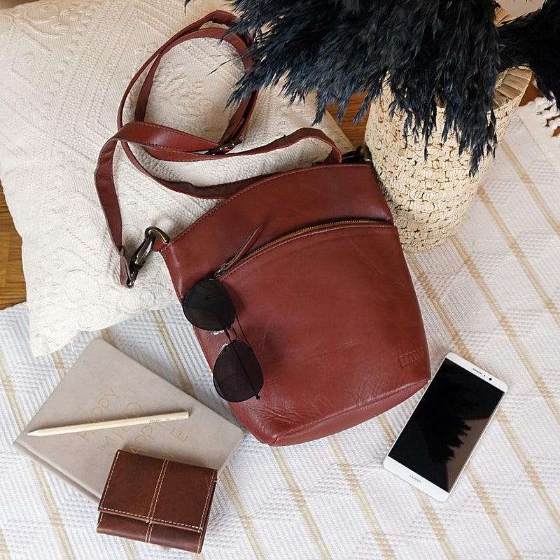 Leconi kleine Umhängetasche Schultertasche Freizeittasche Leder rotbraun LE3049 Günstiger Verkauf