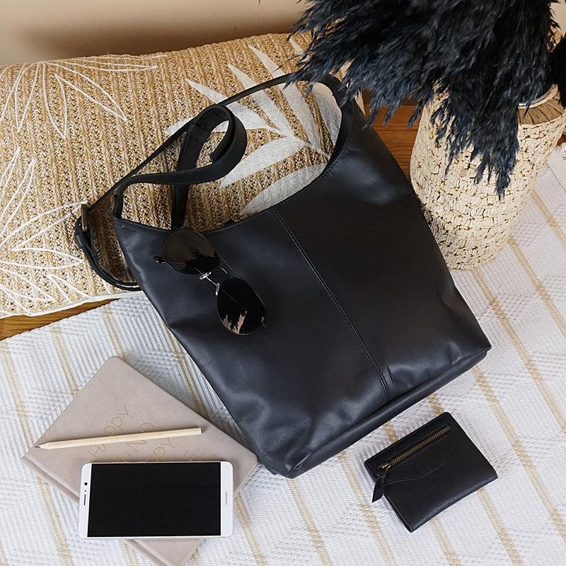 Leconi mittlere Umhängetasche Schultertasche Damentasche Leder schwarz LE0073 Exklusivangebot