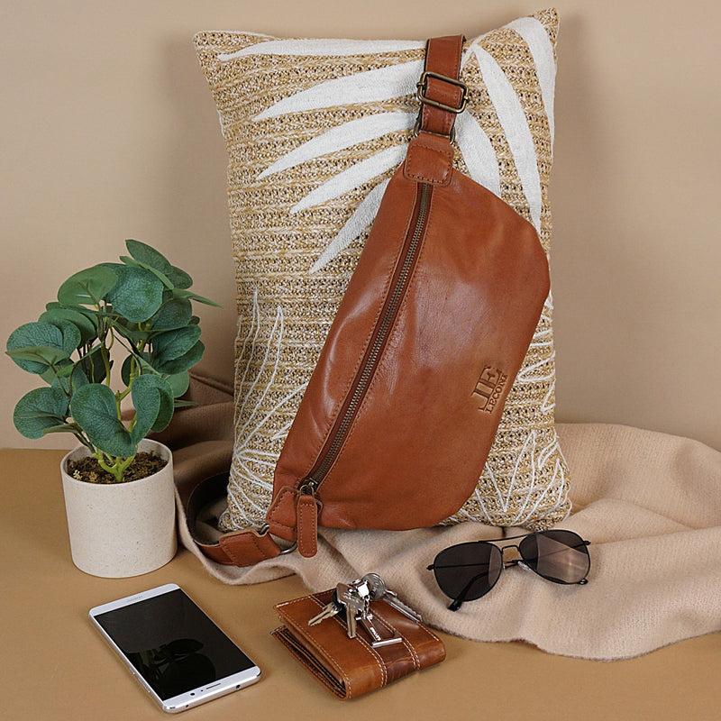 Leconi große Bauchtasche Umhängetasche Crossbody Ledertasche Leder cognac LE3087 Black Friday