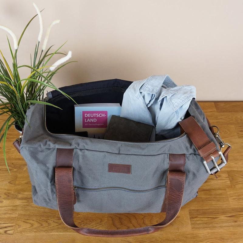 Leconi Weekender Sporttasche Reisetasche Damen Herren Leder Canvas grau LE2014 Valentinstagsangebot
