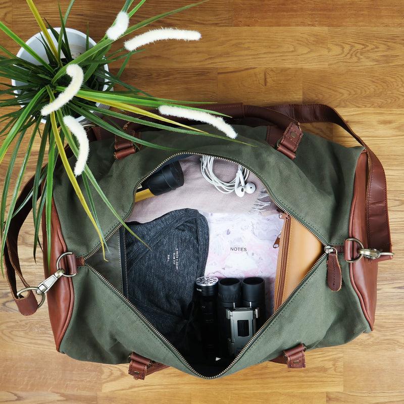Leconi Weekender Reisetasche Sporttasche vintage Leder Canvas grün LE2004 Heißer Verkauf