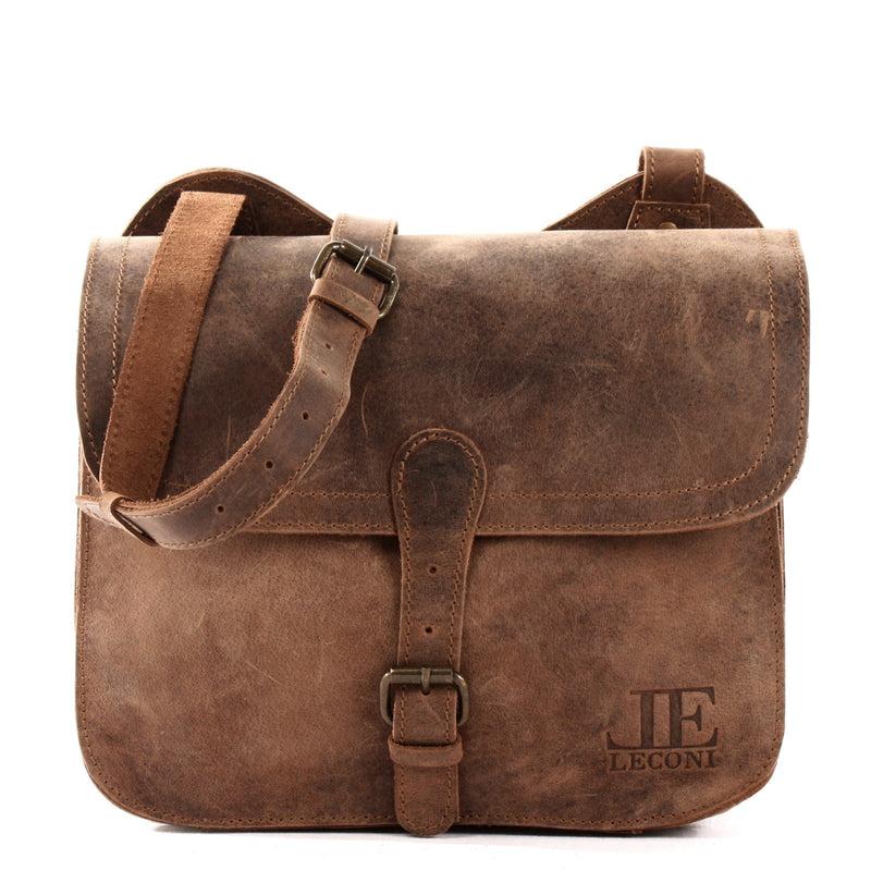 Leconi Umhängetasche Schultertasche Freizeittasche Büffelleder klein vintage braun LE3061