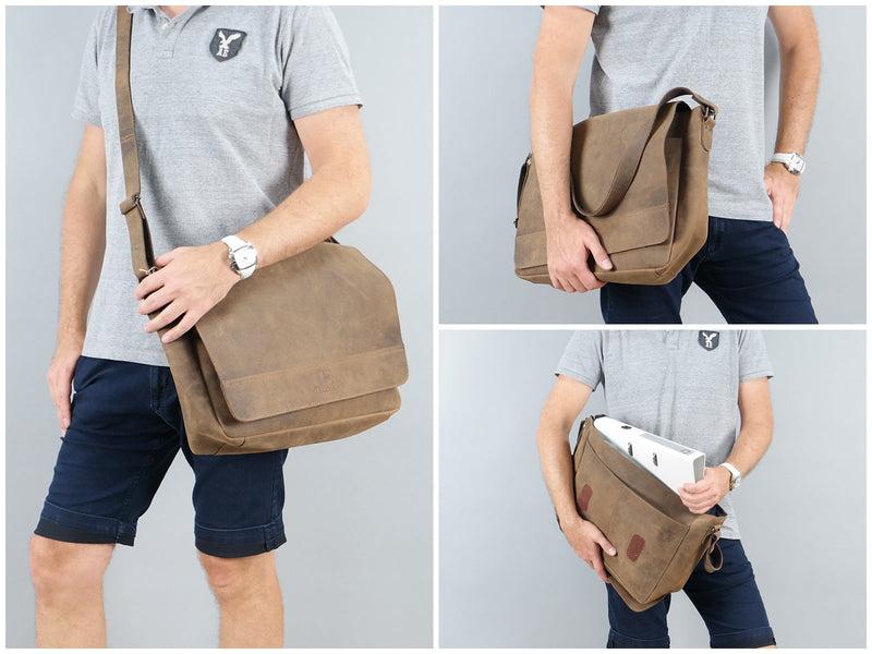 Leconi große Umhängetasche Schultertasche Messenger Bag Aktentasche Businesstasche Leder vintage braun LE3064 Neueste Mode