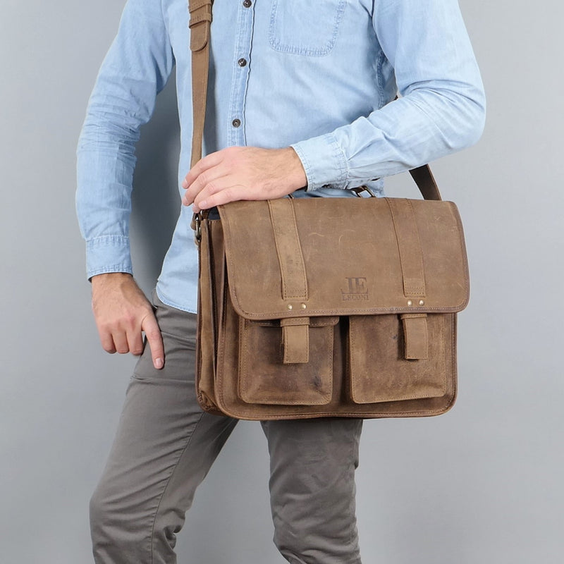 Leconi große Aktentasche Lehrertasche Businesstasche Leder vintage braun LE3030 Online Outlet