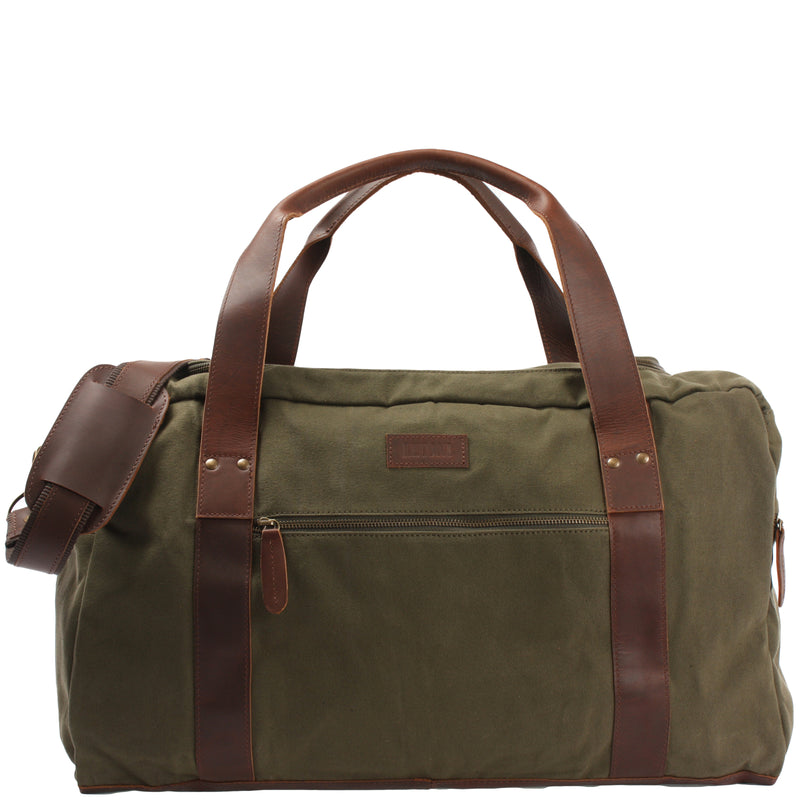 Leconi Weekender Sporttasche Reisetasche Damen Herren Leder Canvas grün LE2014