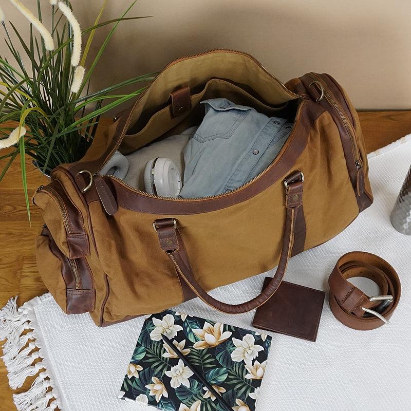 Leconi Reisetasche Weekender Sporttasche Leder Canvas cognac LE2017 Neuheiten