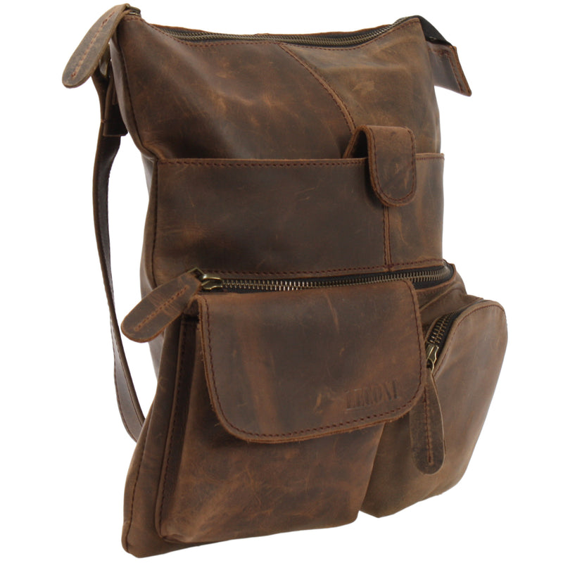 Leconi Umhängetasche Schultertasche Damen Herren Used Look Leder schlamm LE3011 Räumungsverkauf