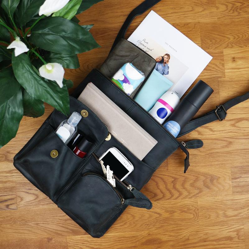 Leconi Umhängetasche Schultertasche Damen Herren Used Look Leder grau LE3011 Tiefpreis