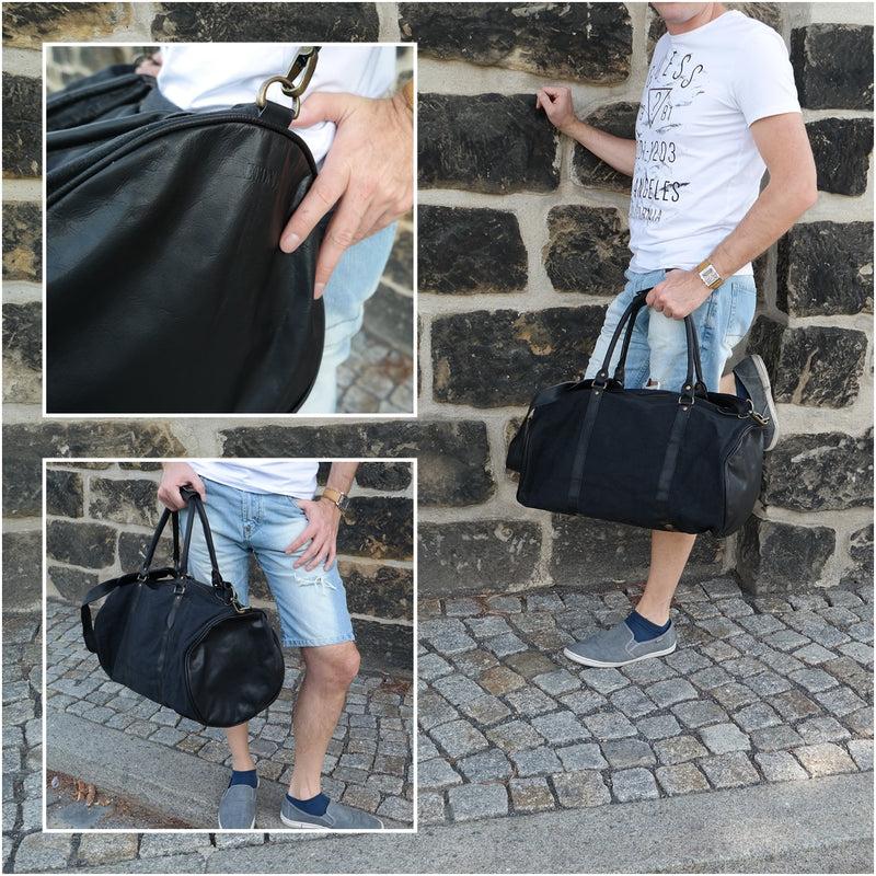 Leconi Weekender Reisetasche Sporttasche vintage Leder Canvas schwarz LE2004 Wochenangebot