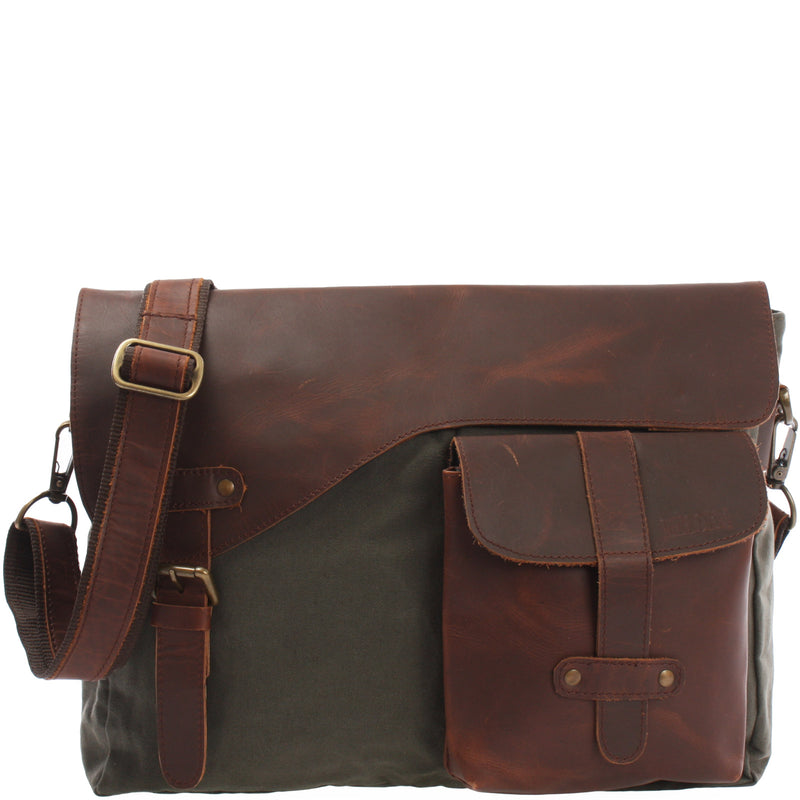Leconi Messenger Bag Kuriertasche DIN A4 Leder Canvas grün LE3032 Kostenlose Rückgabe