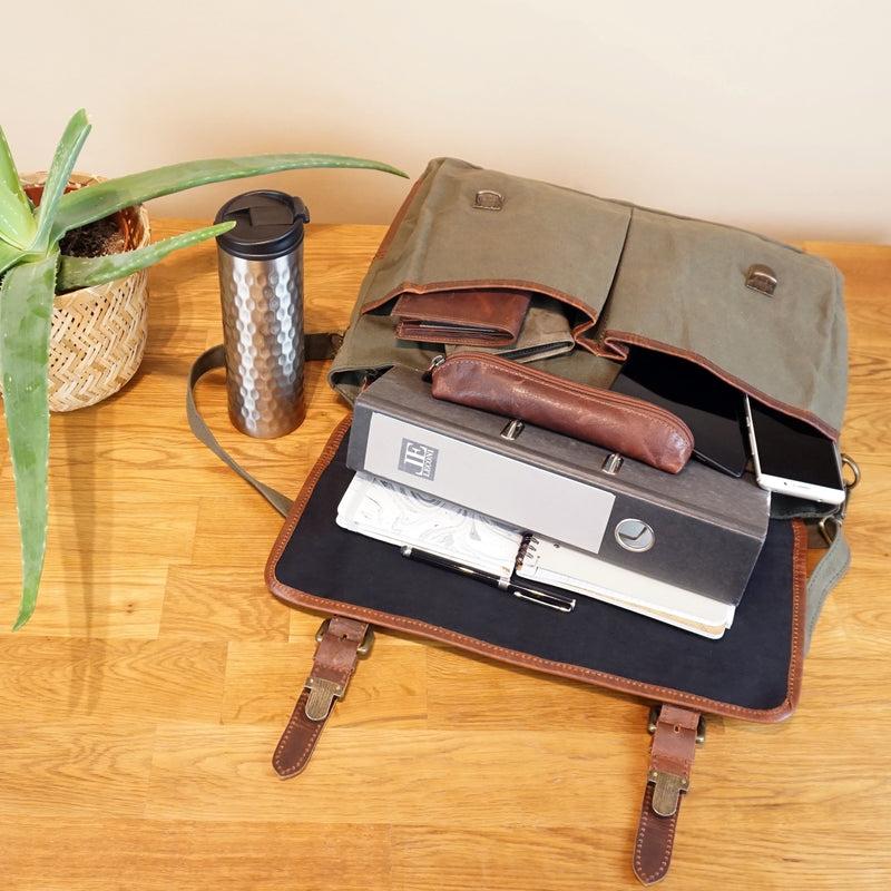 Leconi Messenger Bag Kuriertasche DIN A4 Leder Canvas grün LE3032 Kostenlose Rückgabe