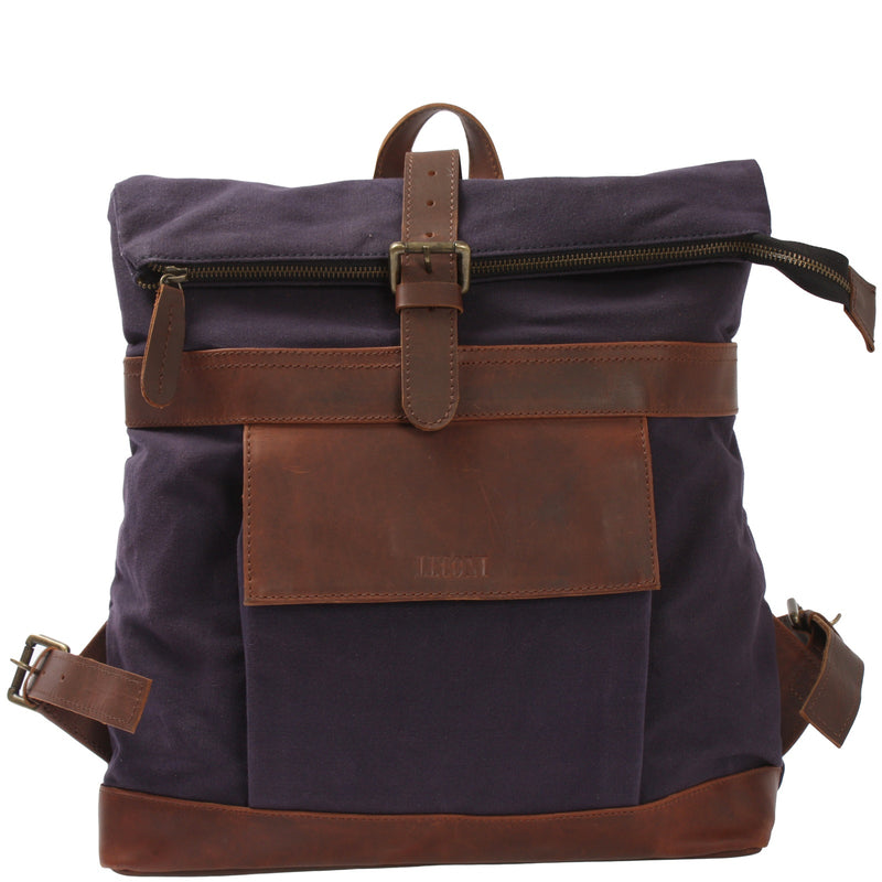 Leconi Roll Top Rucksack Freizeitrucksack Damen Herren Canvas Leder navy LE1035 Begrenzte Freigabe