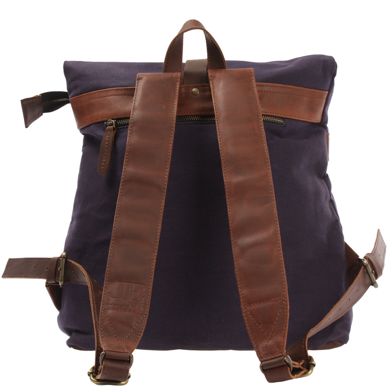 Leconi Roll Top Rucksack Freizeitrucksack Damen Herren Canvas Leder navy LE1035 Begrenzte Freigabe