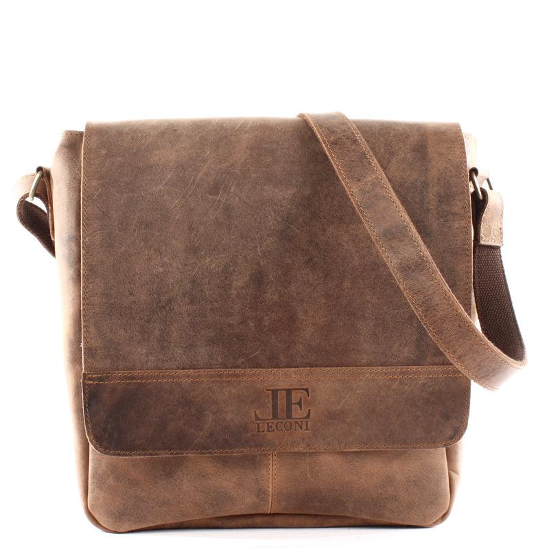 Leconi Umhängetasche Schultertasche Messenger Bag Kuriertasche Businesstasche Leder vintage braun LE3063