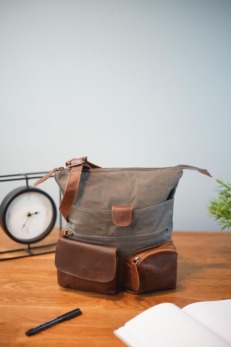 Leconi Umhängetasche Schultertasche Damen Herren Used Look Leder Canvas grau LE3011 50% Rabatt mit kostenlosem Versand
