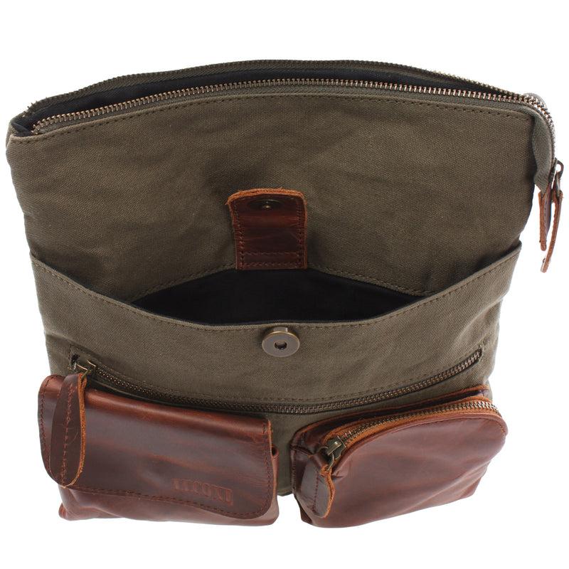 Leconi Umhängetasche Schultertasche Damen Herren Used Look Leder Canvas grün LE3011 Clearance-Verkauf