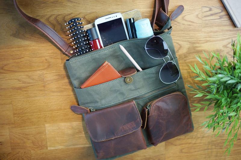 Leconi Umhängetasche Schultertasche Damen Herren Used Look Leder Canvas grün LE3011 Clearance-Verkauf
