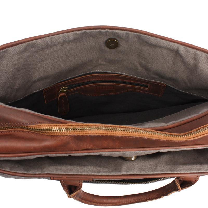Leconi Aktentasche Handgepäck Trolleytasche Canvas Leder grau LE3066 Fabrikladen