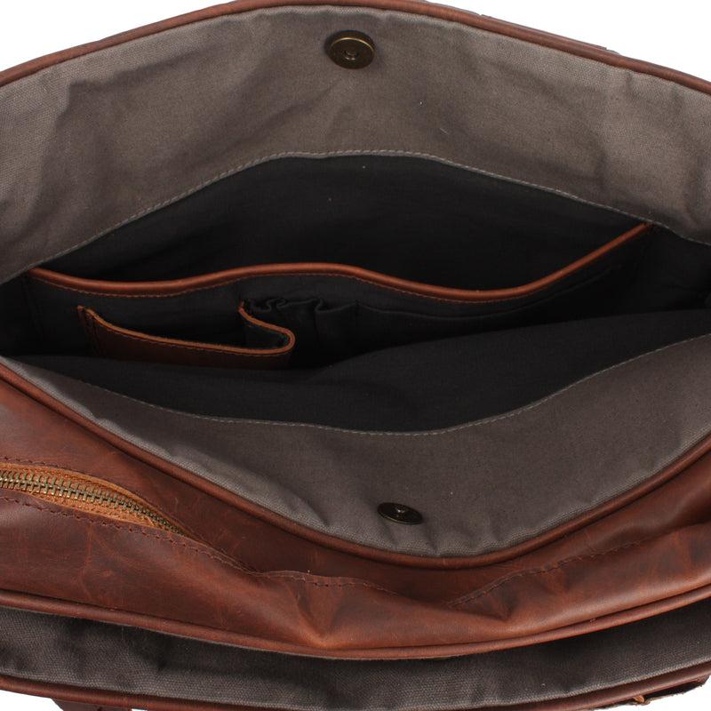 Leconi Aktentasche Handgepäck Trolleytasche Canvas Leder grau LE3066 Fabrikladen