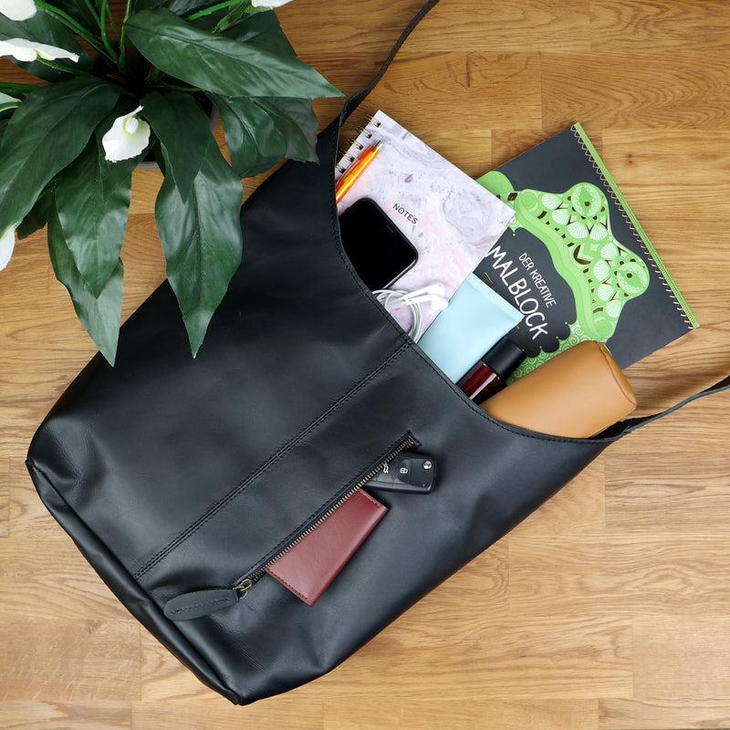 Leconi große Umhängetasche Schultertasche Beuteltasche Damentasche Leder schwarz LE0055 Im Verkauf