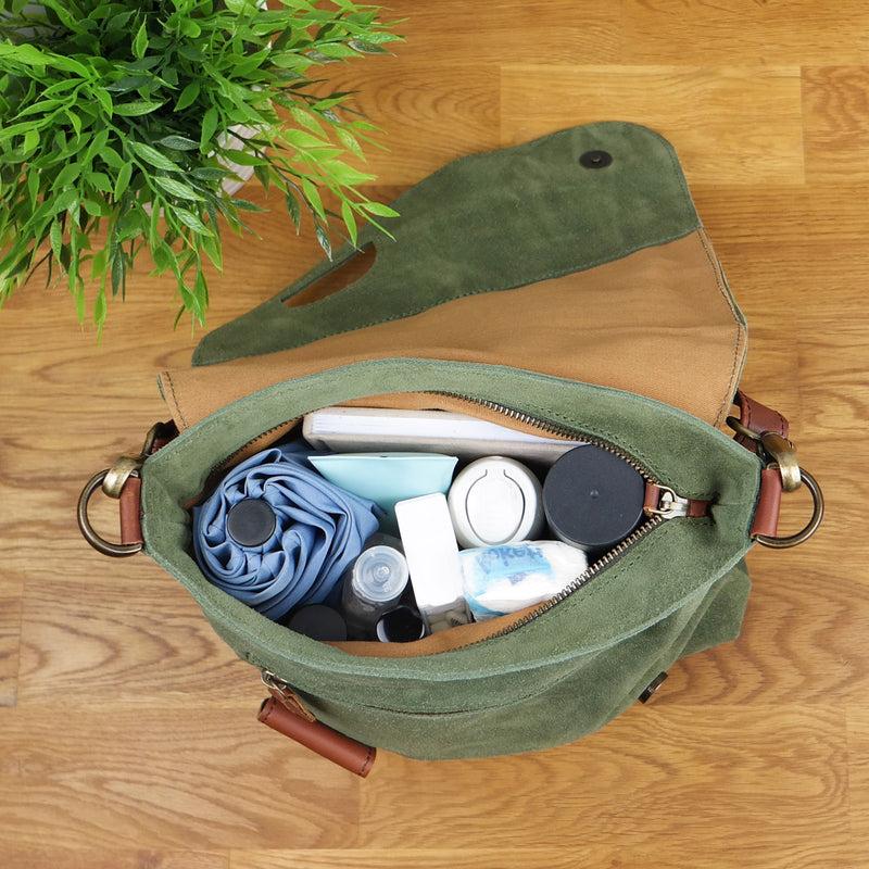 Leconi Umhängetasche Ledertasche Damen Schultertasche Wildleder grün LE3027 zollfrei