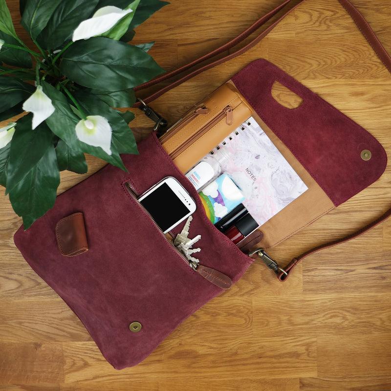 Leconi Umhängetasche Ledertasche Damen Schultertasche Wildleder bordeaux LE3027 Online