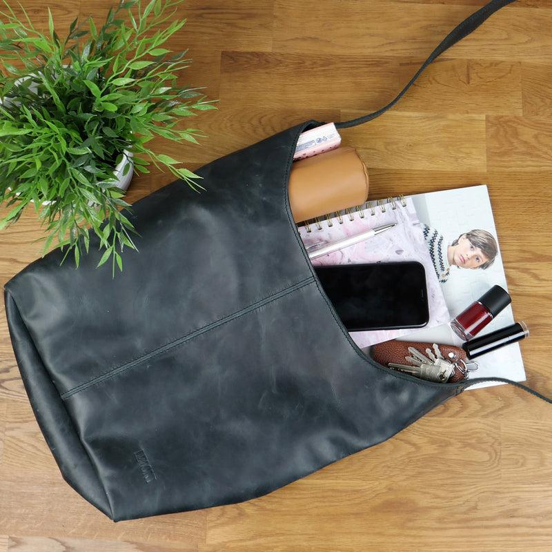 Leconi große Umhängetasche Schultertasche Beuteltasche Damentasche Leder grau LE0055 Verkauf