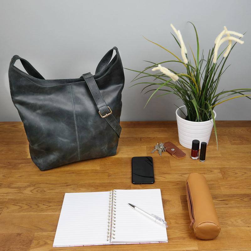 Leconi große Umhängetasche Schultertasche Beuteltasche Damentasche Leder grau LE0055 Verkauf
