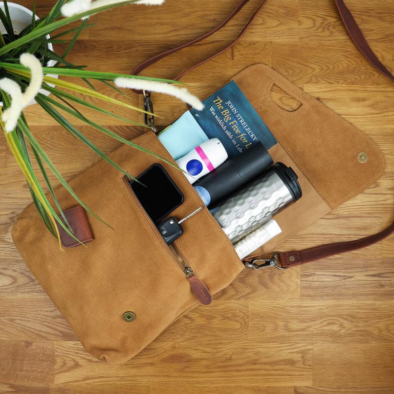 Leconi Umhängetasche Ledertasche Damen Schultertasche Wildleder cognac LE3027 Angebote