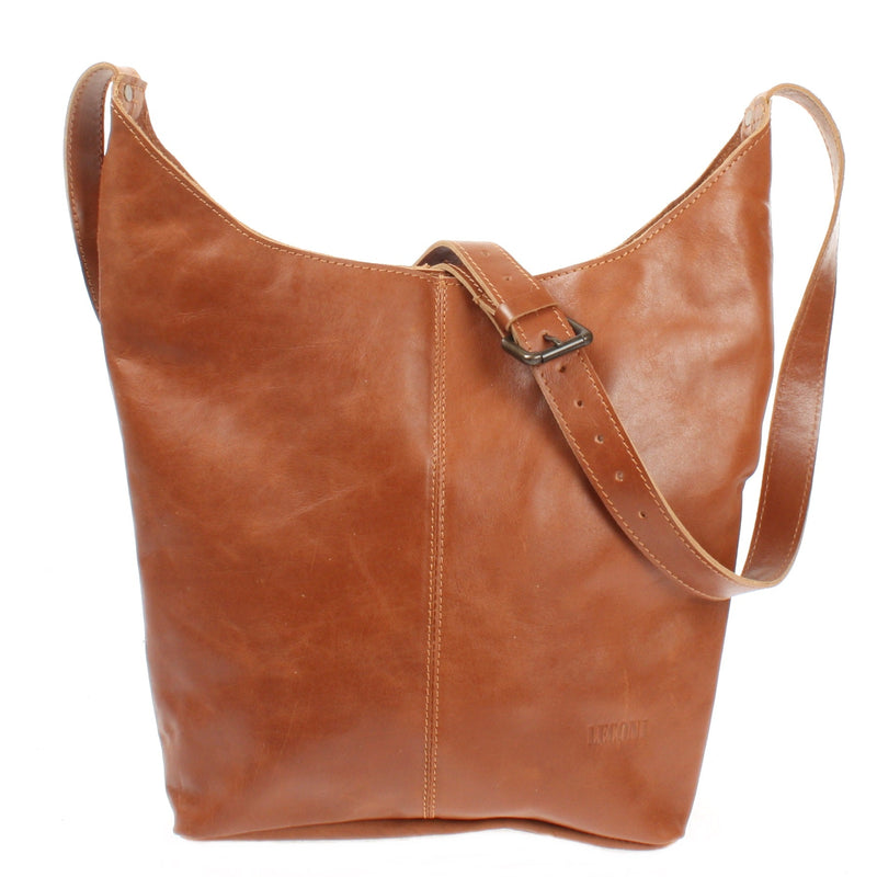Leconi große Umhängetasche Schultertasche Beuteltasche Damentasche Leder cognac LE0055