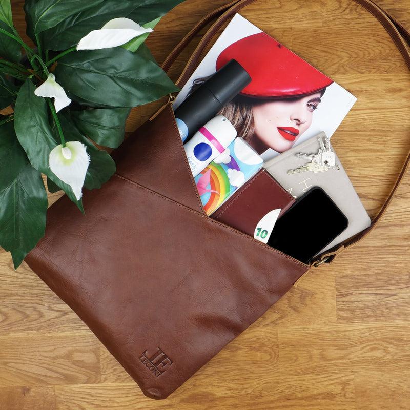 Leconi Schultertasche Umhängetasche Handtasche Leder braun LE0065 im Angebot