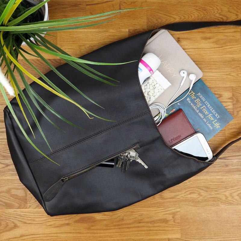 Leconi große Umhängetasche Schultertasche Beuteltasche Damentasche Leder dunkelbraun LE0055 Fabrikverkauf