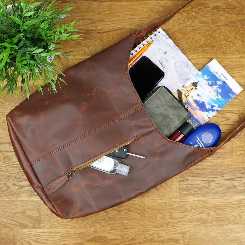 Leconi große Umhängetasche Schultertasche Beuteltasche Damentasche Leder braun LE0055 Meist gekauft
