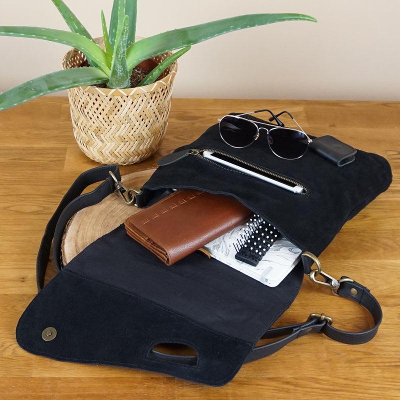 Leconi Umhängetasche Schultertasche Veloursleder schwarz LE3027 Blitzverkäufe