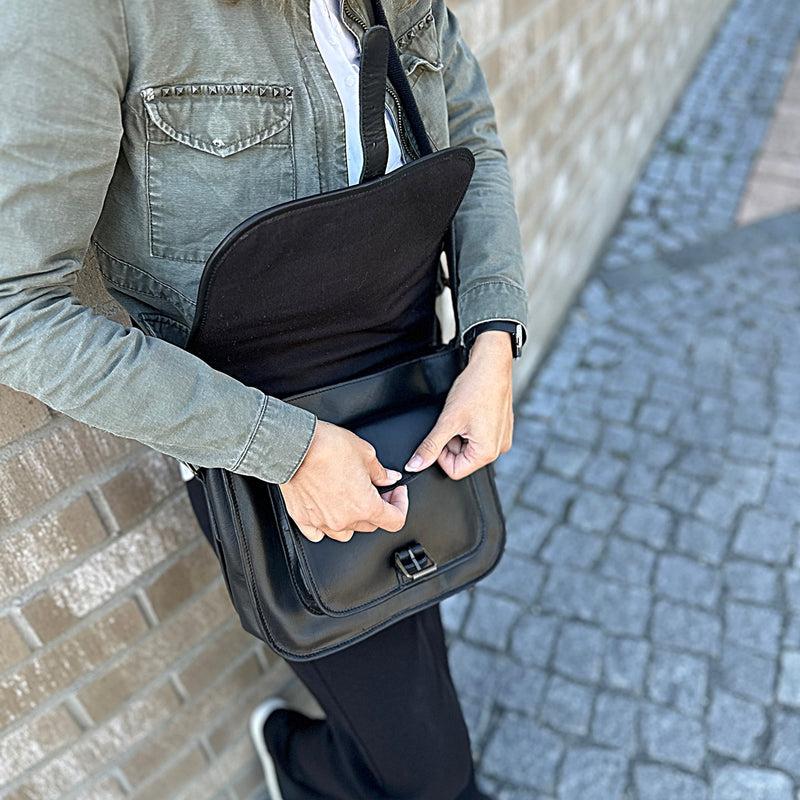 Leconi Umhängetasche Schultertasche Freizeittasche Büffelleder schwarz LE3085 Begrenztes Angebot