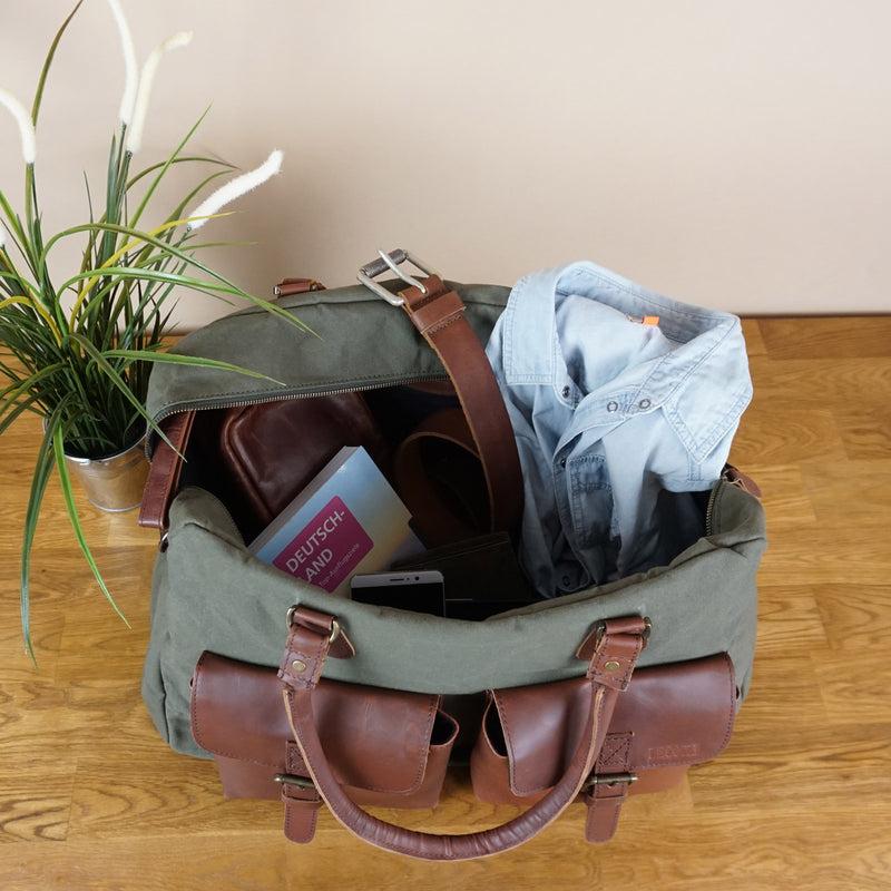 Leconi Weekender Handgepäck Reisetasche Canvas Leder grün LE2012 Jubiläumsangebot