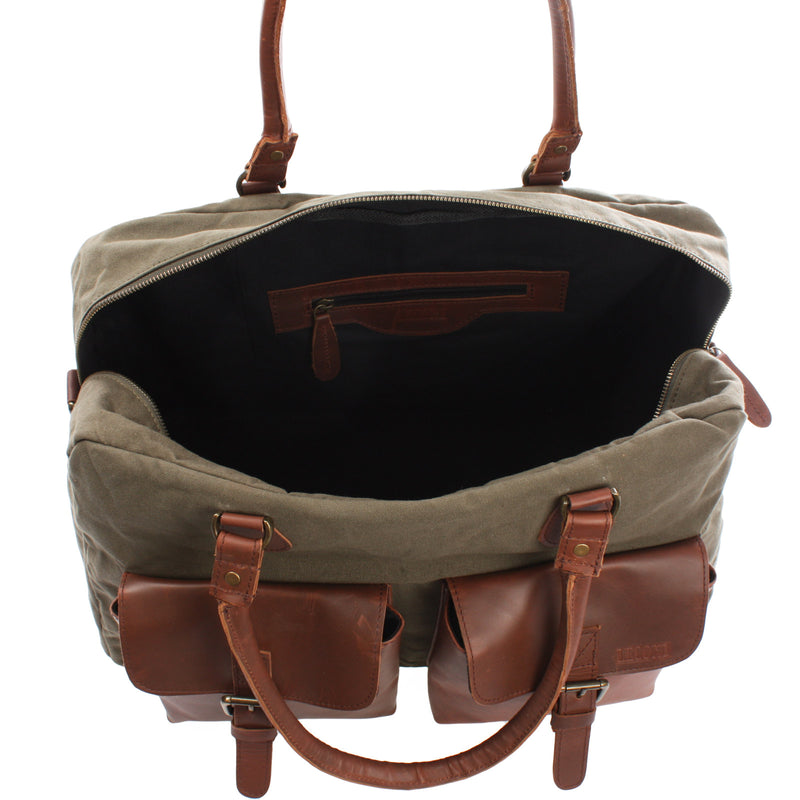 Leconi Weekender Handgepäck Reisetasche Canvas Leder grün LE2012 Jubiläumsangebot