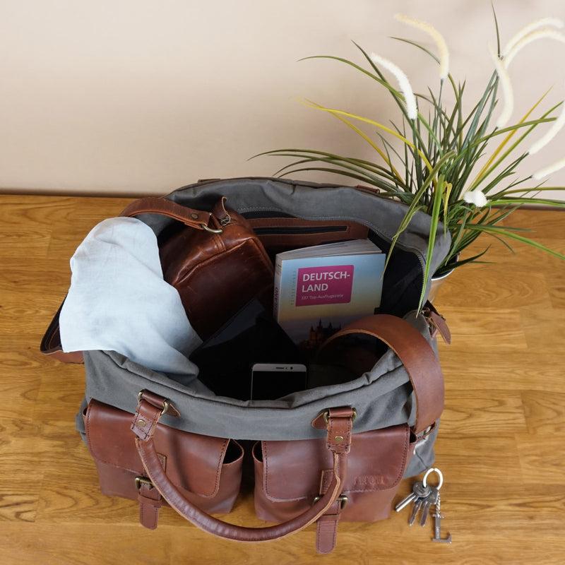 Leconi Reisetasche Weekender Handgepäck Canvas Leder grau LE2012 Lagerräumung