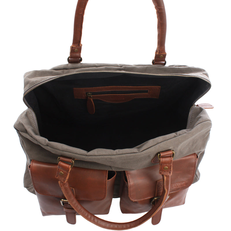 Leconi Reisetasche Weekender Handgepäck Canvas Leder grau LE2012 Lagerräumung