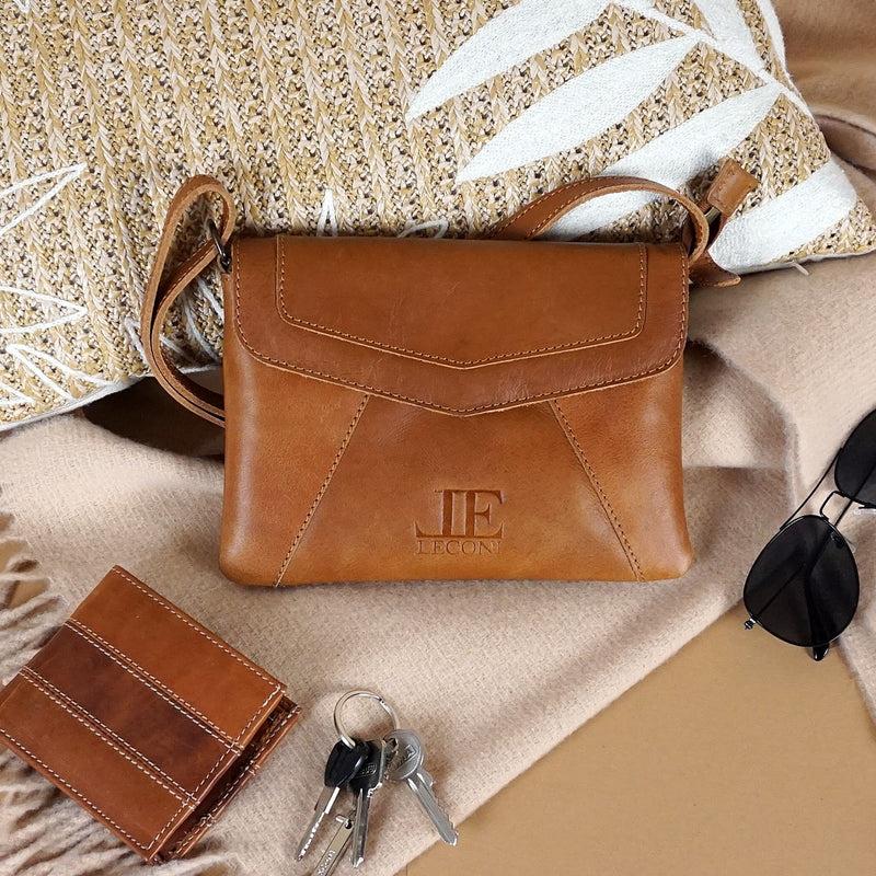 Leconi kleine Umhängetasche Ledertasche Damentasche Schultertasche Leder cognac LE3078 Riesige Ersparnisse