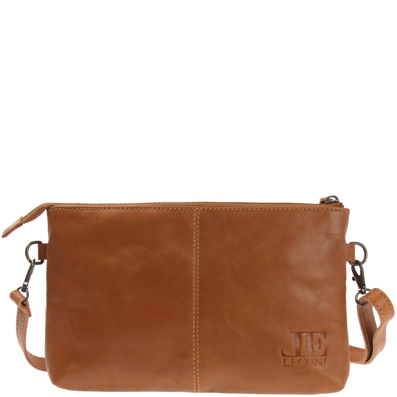 Leconi kleine Umhängetasche Schultertasche Damentasche Clutch Leder cognac LE3081 VIP-Rabatte