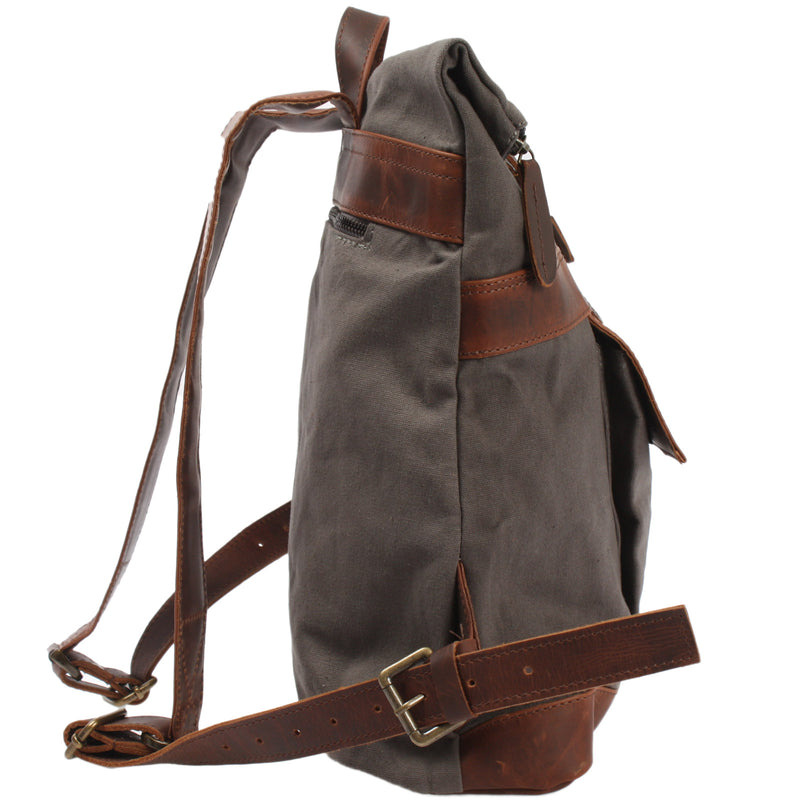 Leconi Roll Top Rucksack Freizeitrucksack Damen Herren Canvas Leder grau LE1035 Riesige Rabatte