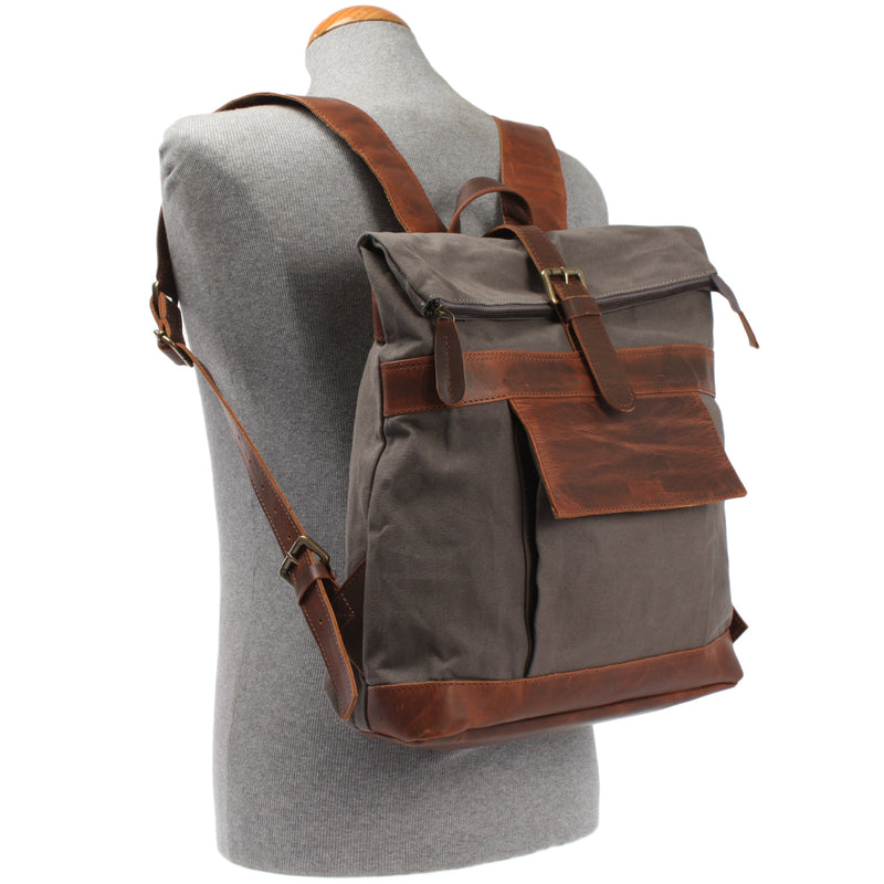 Leconi Roll Top Rucksack Freizeitrucksack Damen Herren Canvas Leder grau LE1035 Riesige Rabatte