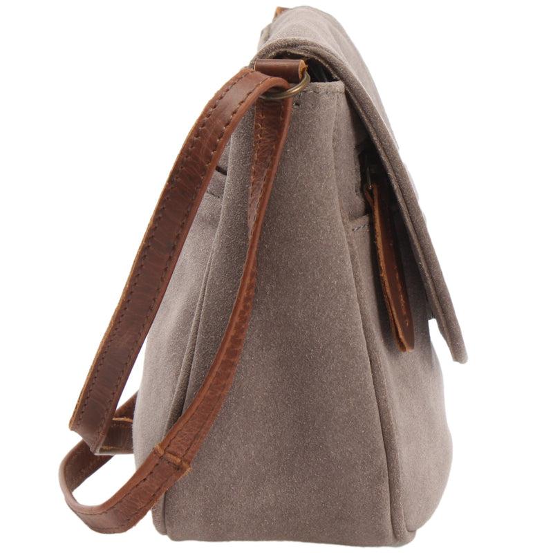 Leconi kleine Umhängetasche Ledertasche Damentasche Schultertasche Veloursleder grau LE3047 Kostenloser Versand international