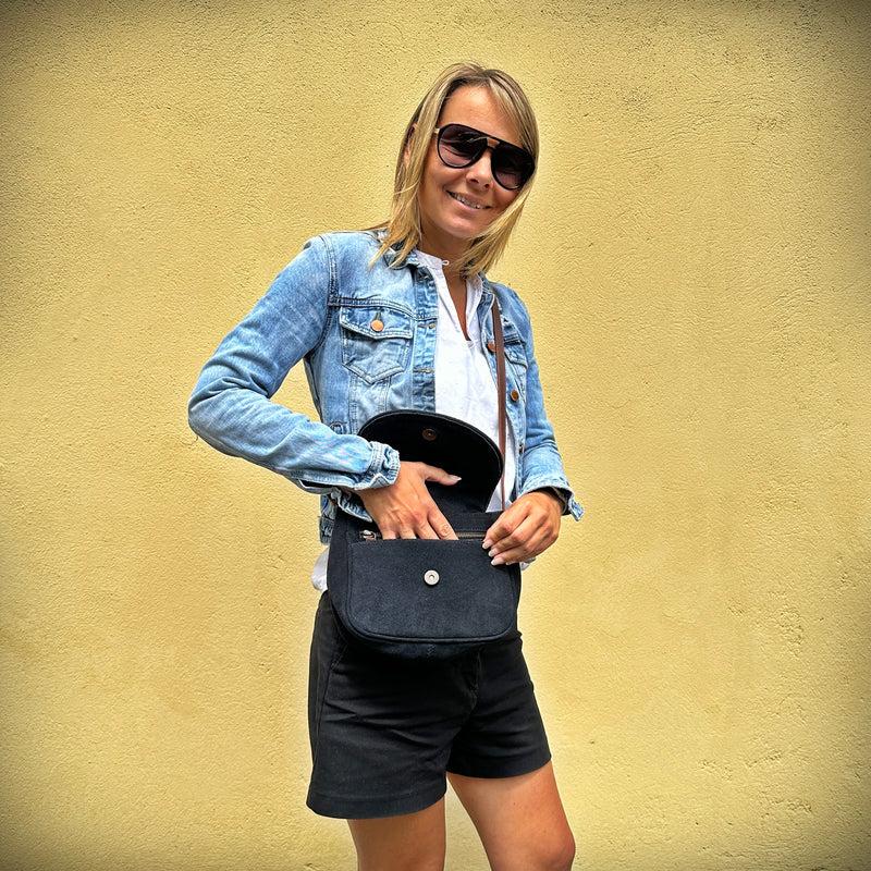 Leconi kleine Umhängetasche Ledertasche Damentasche Schultertasche Veloursleder anthrazit LE3047 Fabrikladen