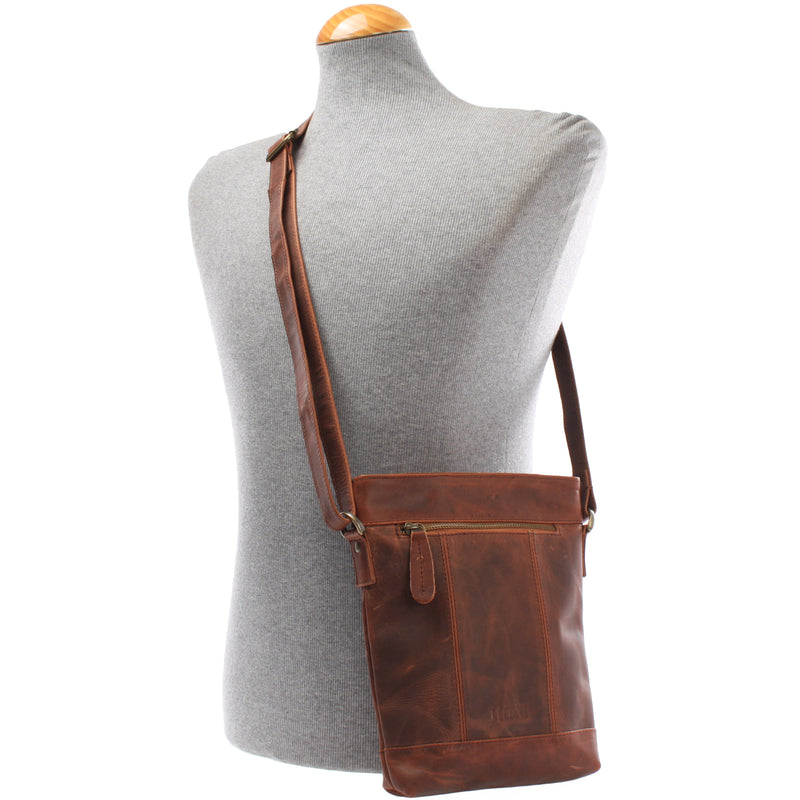 Leconi kleine Umhängetasche Schultertasche Freizeittasche Leder braun LE3086 Speichern exportieren